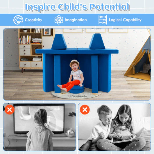10-Piece Kids Play Couch Sofa With Portable Handle-Blue - Image 3