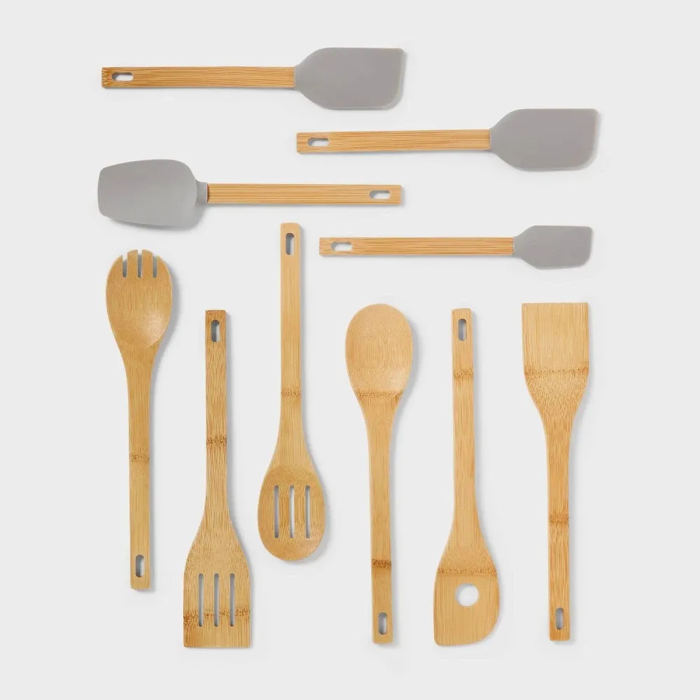 10pc Bamboo Utensil Set with Silicone Natural Wood - Image 5
