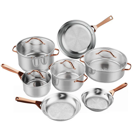 11 Pieces Stainless Steel Kitchen Cookware Set With Gold Stay-Cool Handles