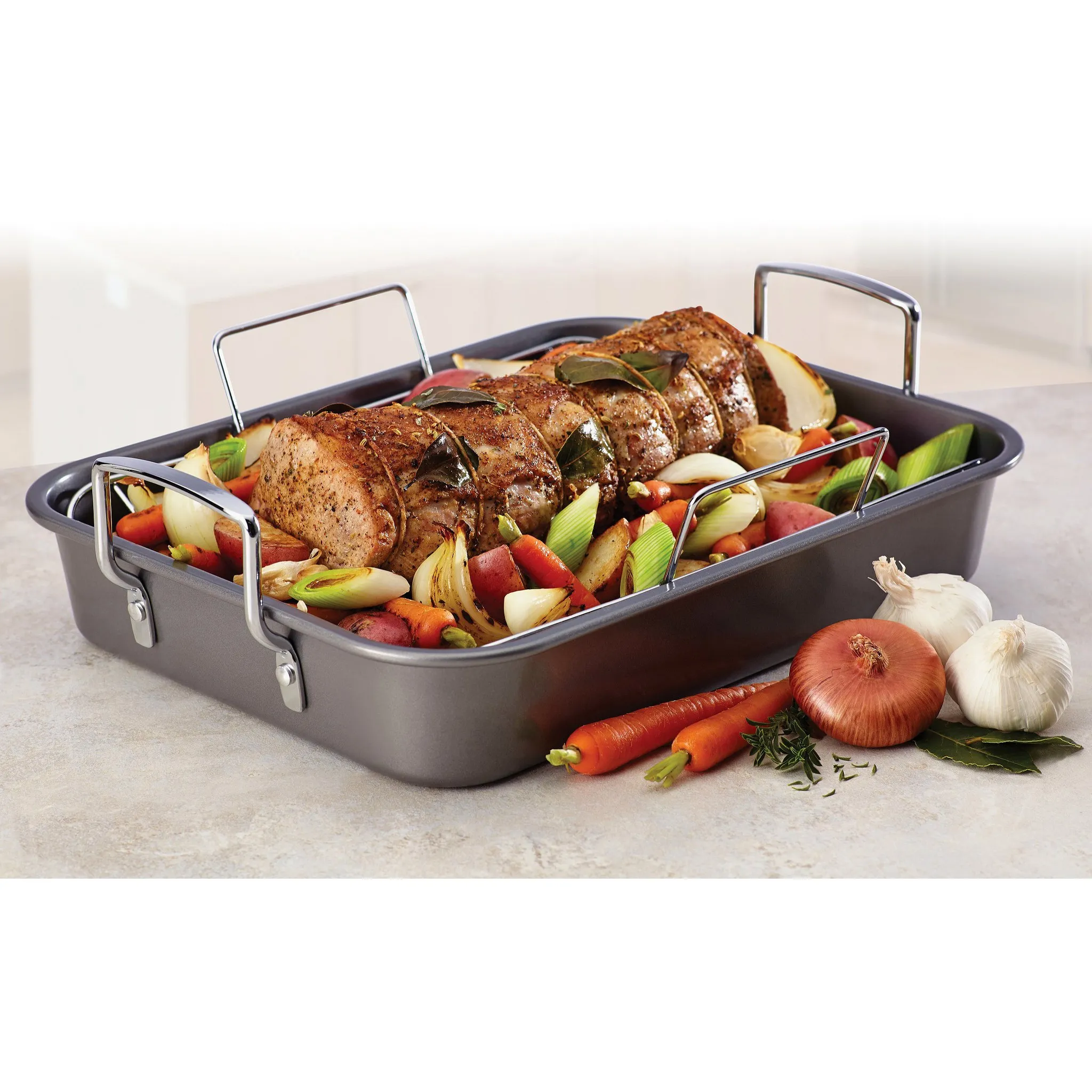 12" x 16" Nonstick Roaster with Rack: Steel, Riveted Handle, Oven-Safe, Turkey Roasting Pan, Even-Heating - Image 2