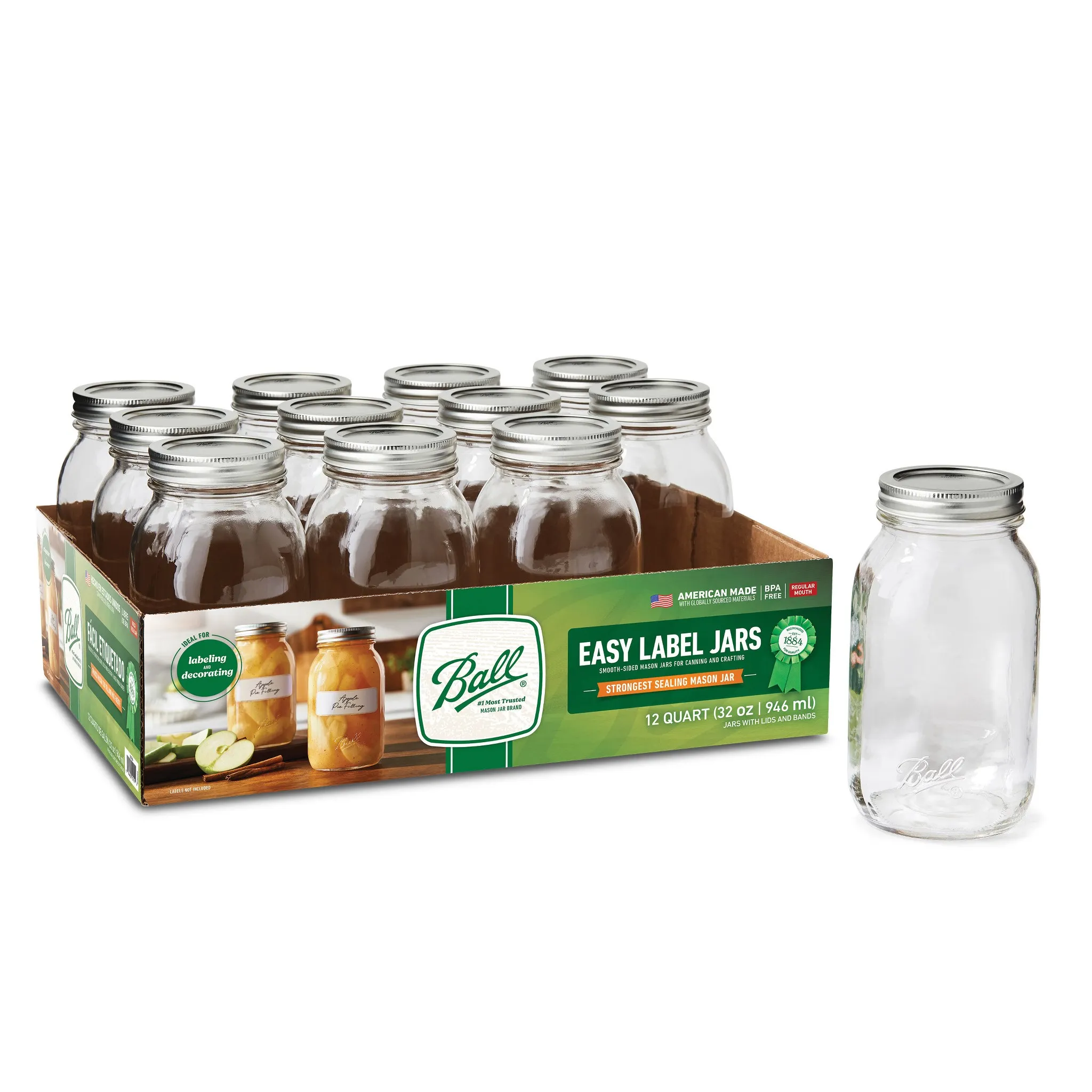 12ct 32oz Smooth Glass Mason Jar with Lid and Band