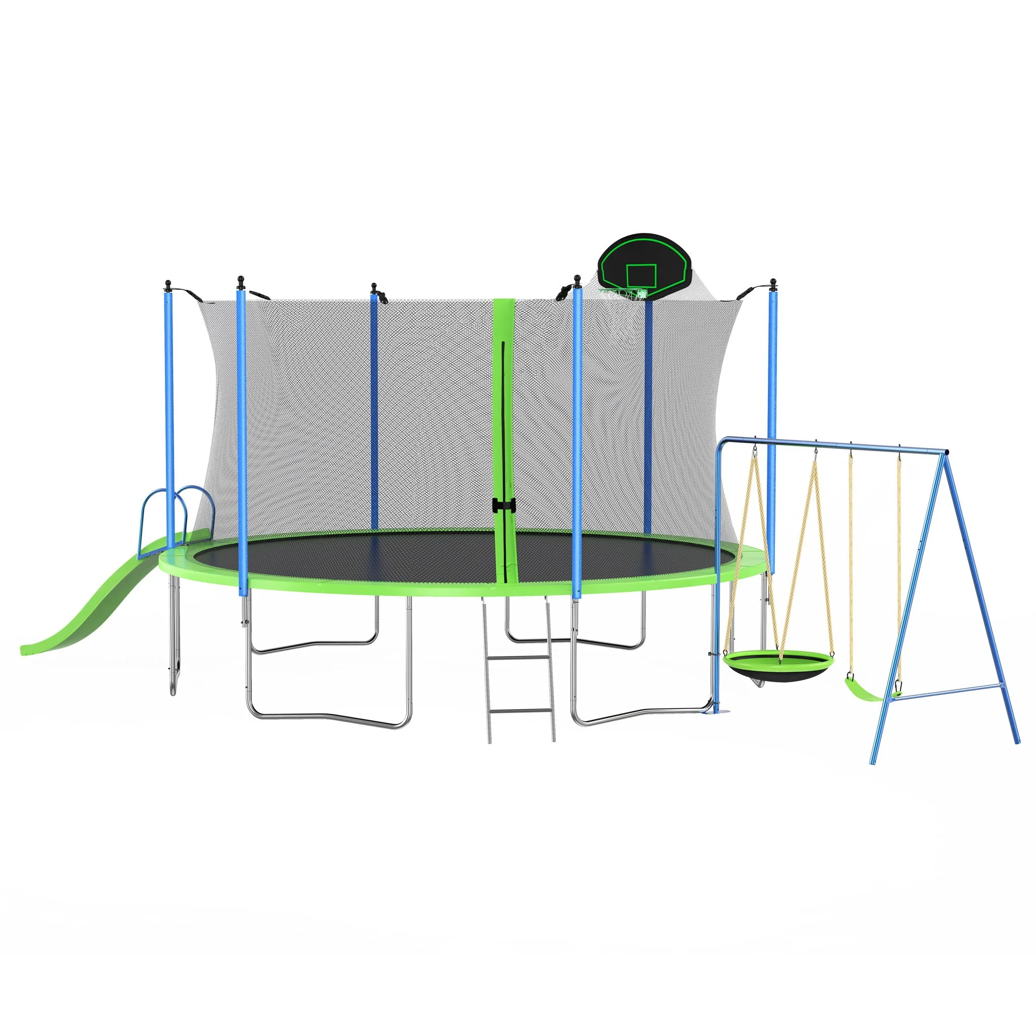 12Ft Trampoline With Slide and Swings, Astm Approved Large Recreational Trampoline With Basketball Hoop and Ladder, Outdoor Backyard Trampoline With Net, Capacity for Kids and Adults - Green / Blue