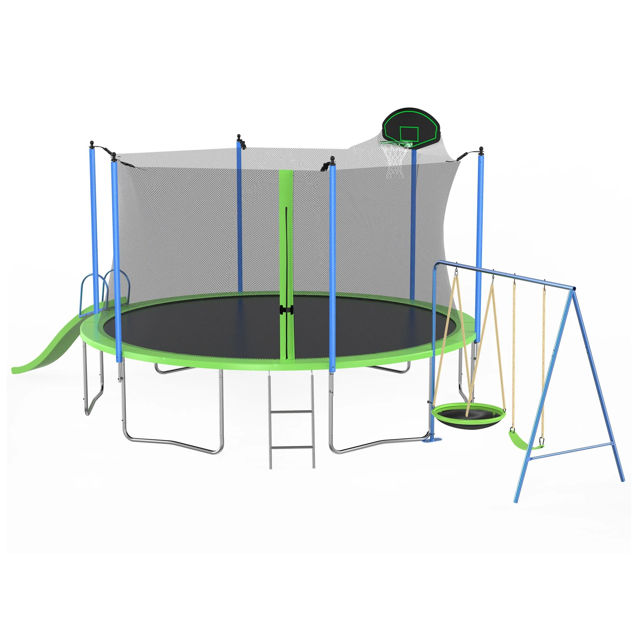 12Ft Trampoline With Slide and Swings, Astm Approved Large Recreational Trampoline With Basketball Hoop and Ladder, Outdoor Backyard Trampoline With Net, Capacity for Kids and Adults - Green / Blue - Image 2