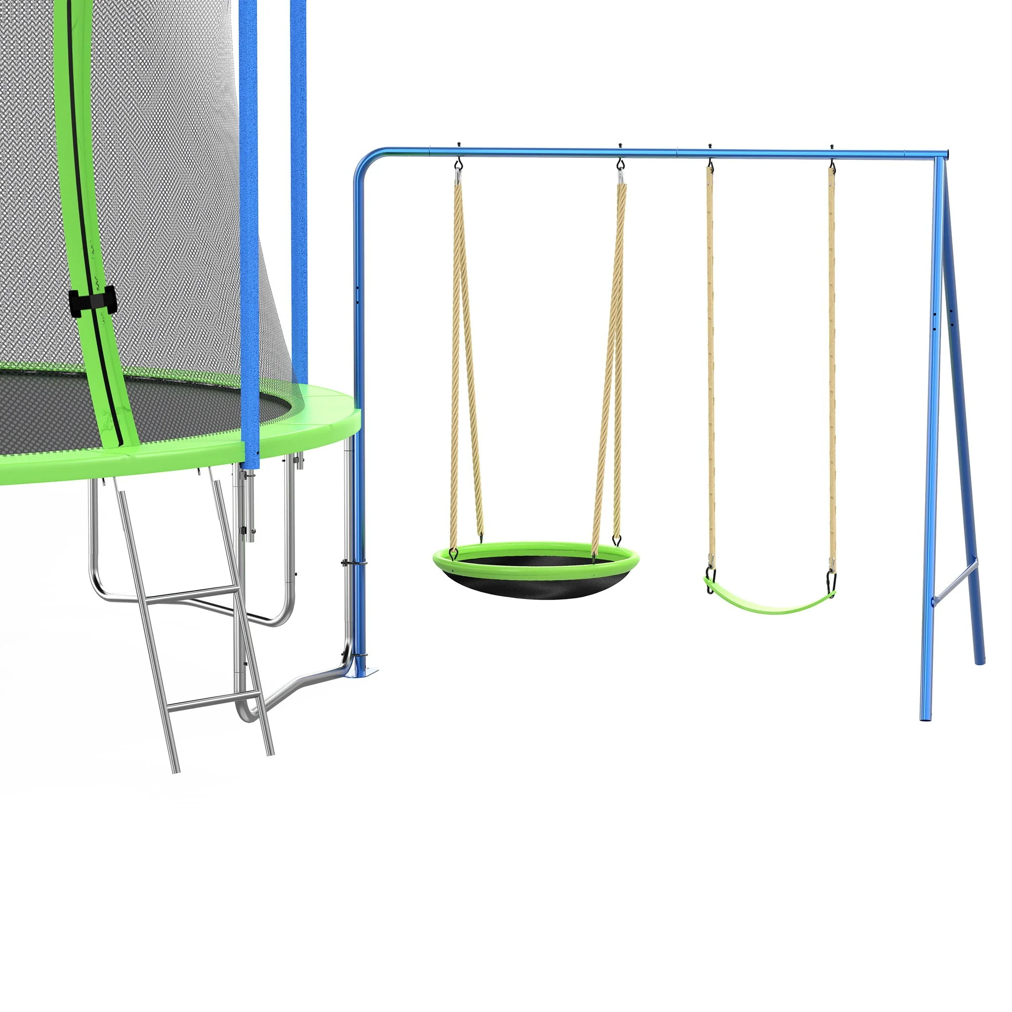 12Ft Trampoline With Slide and Swings, Astm Approved Large Recreational Trampoline With Basketball Hoop and Ladder, Outdoor Backyard Trampoline With Net, Capacity for Kids and Adults - Green / Blue - Image 4