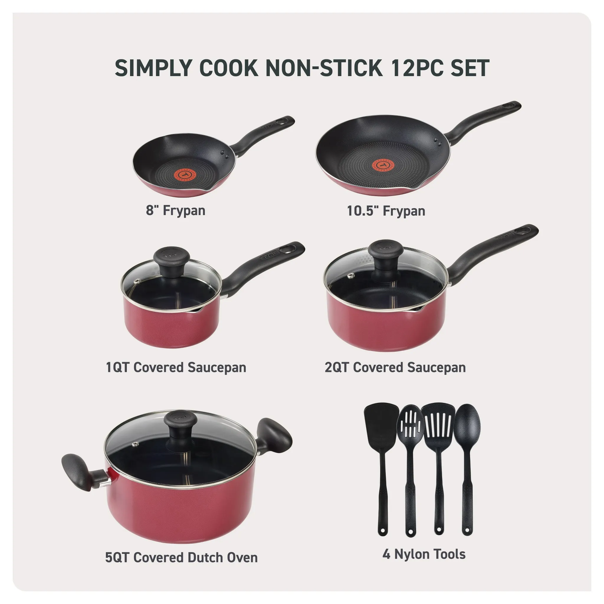 12pc Simply Cook Nonstick Cookware Set Red: Aluminum, Ergonomic Handles, Tempered Glass Lids, Oven-Safe to 350°F - Image 2