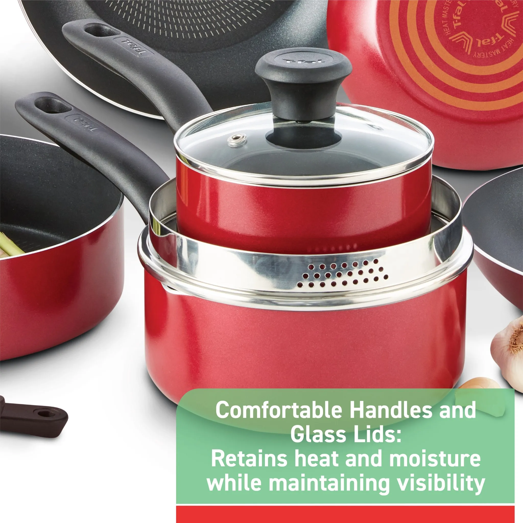 12pc Simply Cook Nonstick Cookware Set Red: Aluminum, Ergonomic Handles, Tempered Glass Lids, Oven-Safe to 350°F - Image 5