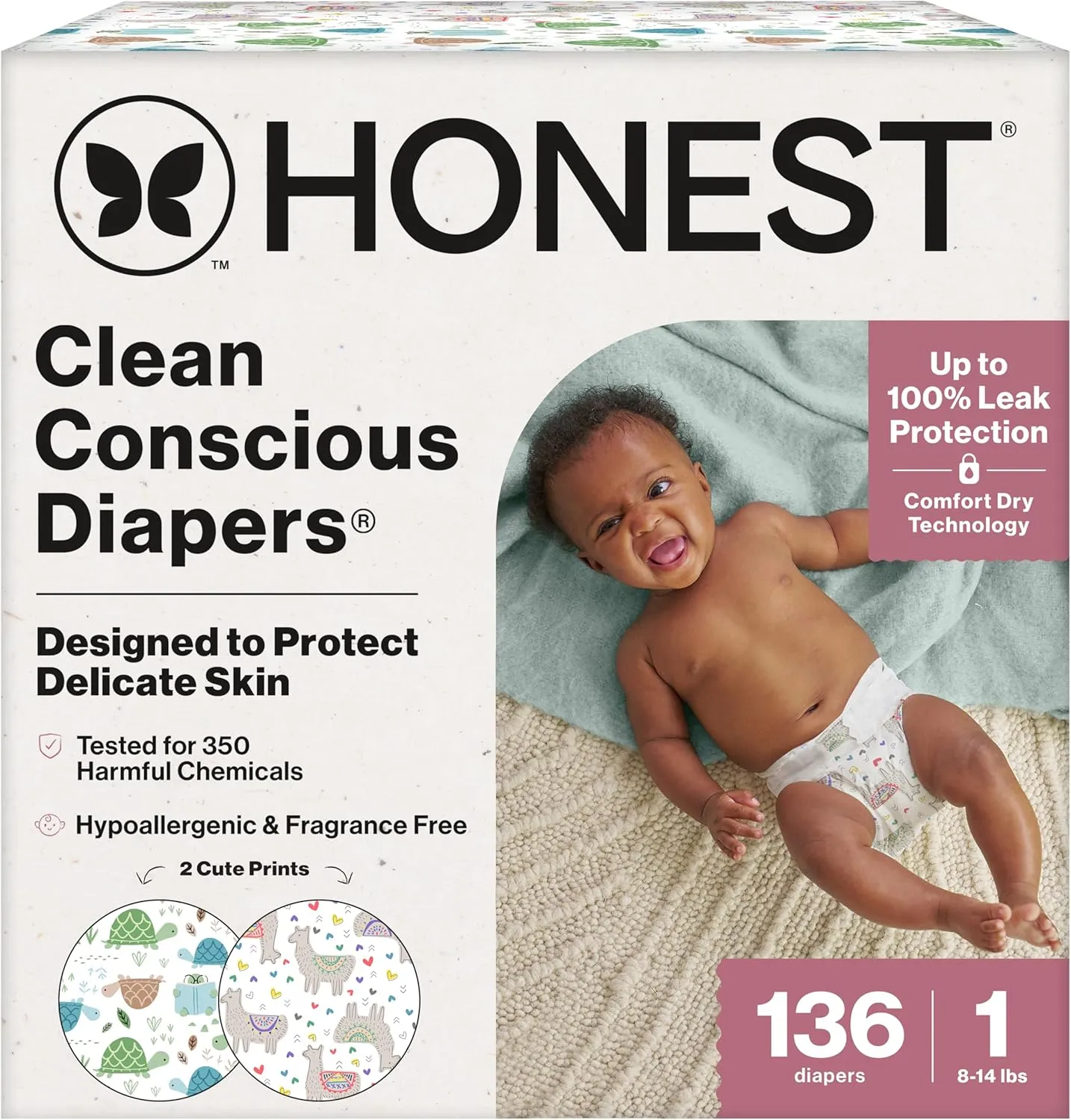 136 Ct Clean Conscious Diapers Size 1 (8-14 lbs) - All the Alpacas + Turtle Time - Image 4