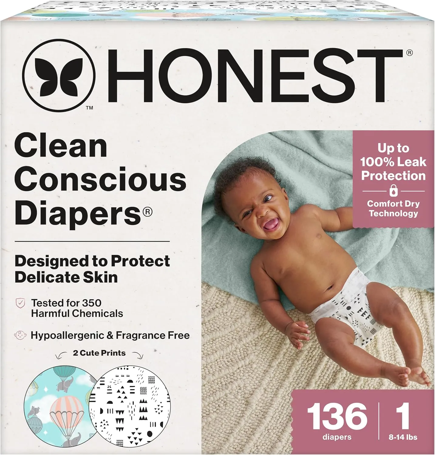136ct Clean Conscious Diapers for Delicate Skin, Size 1 (8-14 lbs) - Above It All + Pattern Play