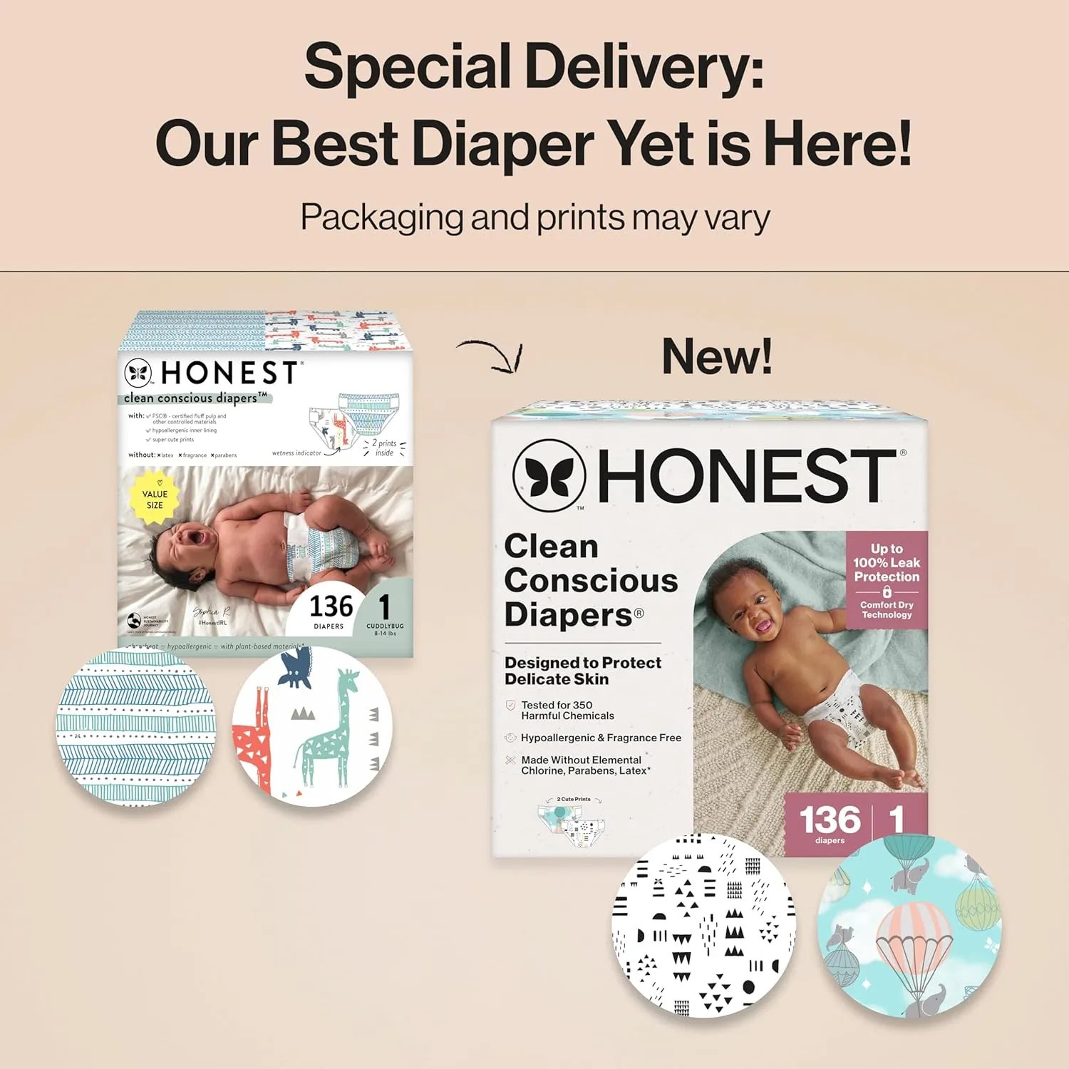 136ct Clean Conscious Diapers for Delicate Skin, Size 1 (8-14 lbs) - Above It All + Pattern Play - Image 3