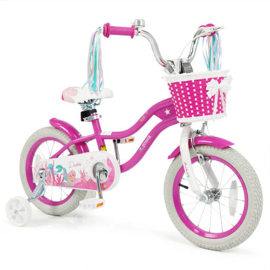 14-Inch Kids Bike Adjustable With Basket and Streamers Rose Red - Princess of the Sea Theme - Image 3