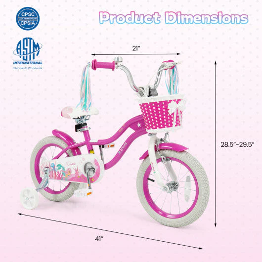 14-Inch Kids Bike Adjustable With Basket and Streamers Rose Red - Princess of the Sea Theme - Image 4