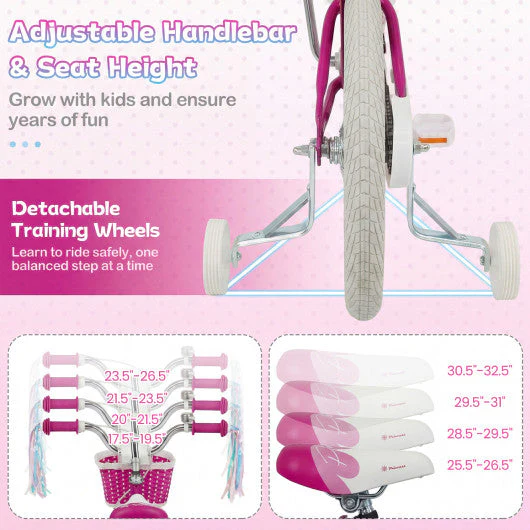 14-Inch Kids Bike Adjustable With Basket and Streamers Rose Red - Princess of the Sea Theme - Image 6