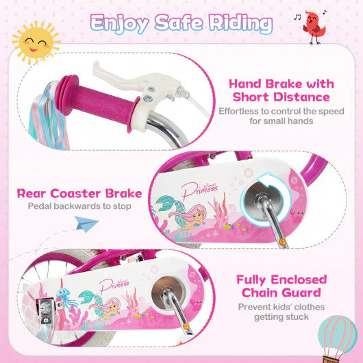 14-Inch Kids Bike Adjustable With Basket and Streamers Rose Red - Princess of the Sea Theme - Image 8