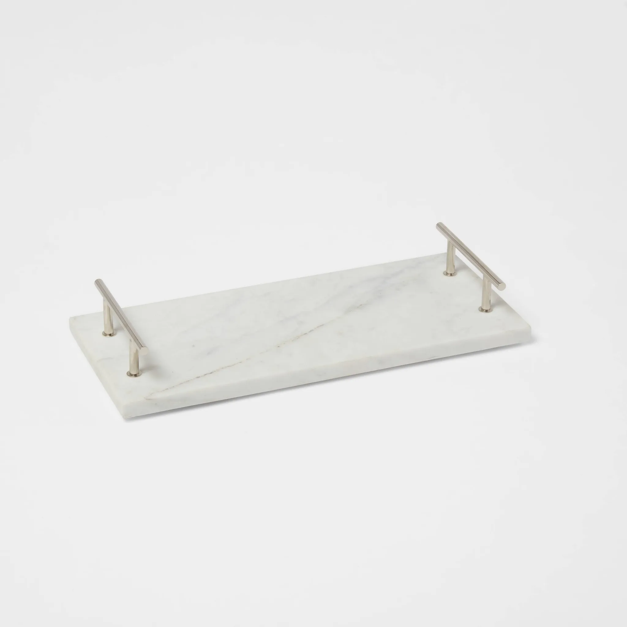 14" x 6" Marble Serving Tray with Metal Handles - White