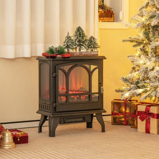 1400W Electric Stove Heater With 3-Level Flame Effect and 3-Sided View-Black - Image 3
