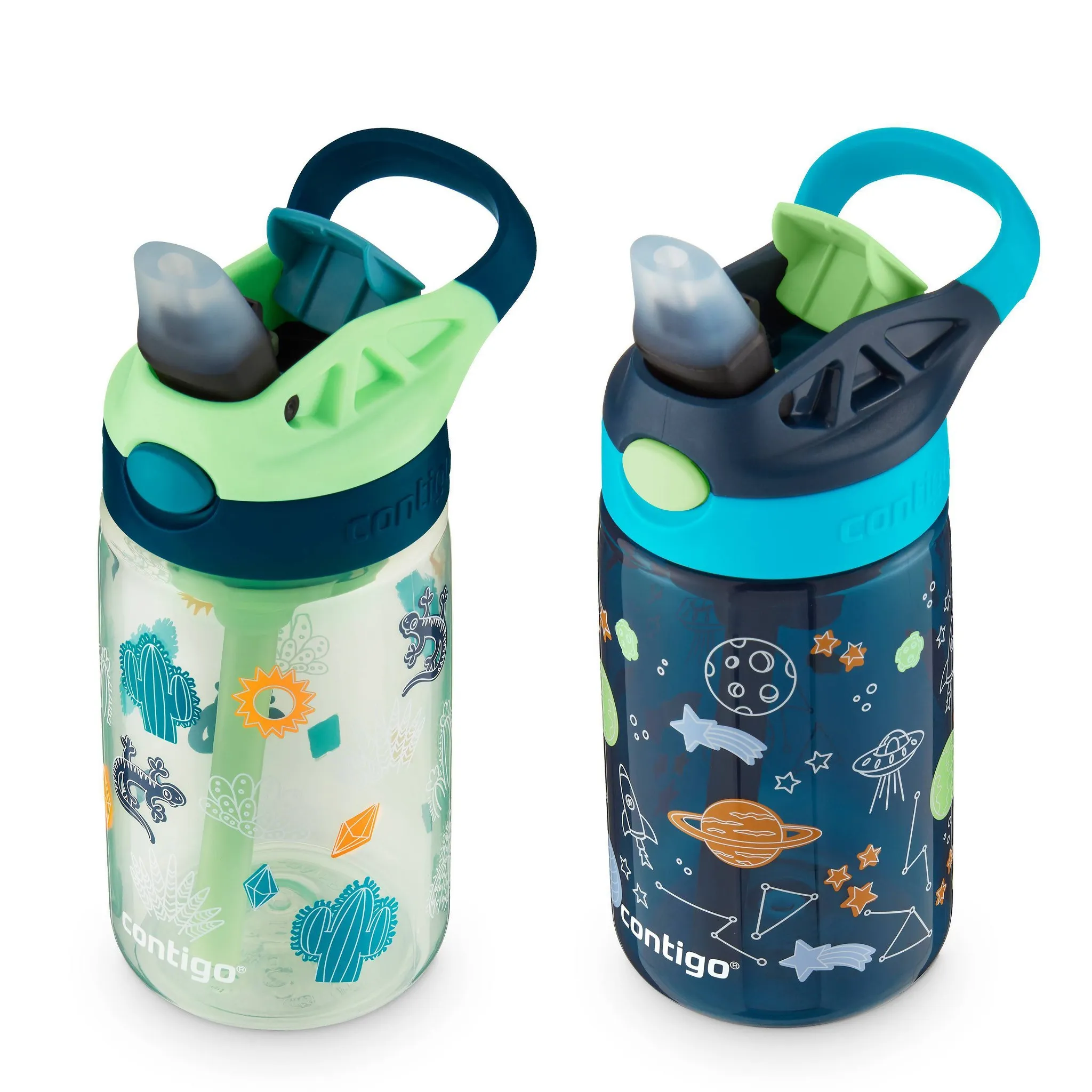 14oz 2pk Plastic Cleanable Kids' Water Bottles Green/Blue: Leakproof Toddler Straw Cups, Dishwasher-Safe - Image 2