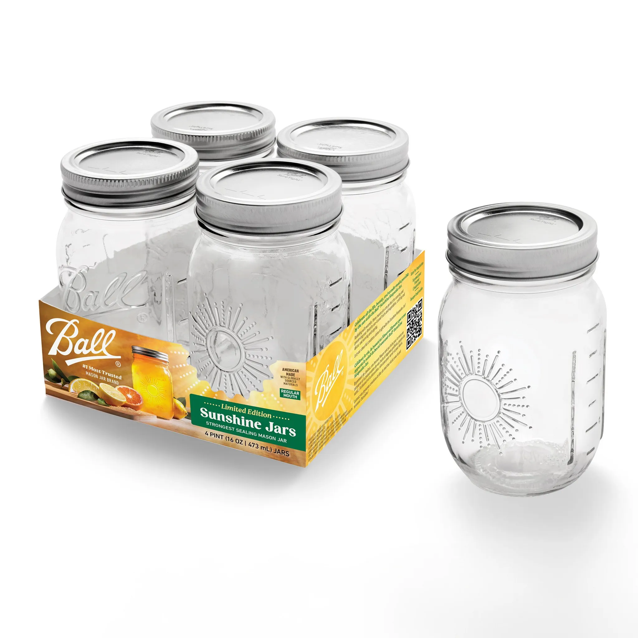 16oz 4pk Glass Regular Mouth Mason Jar with Band and Lid Sunshine