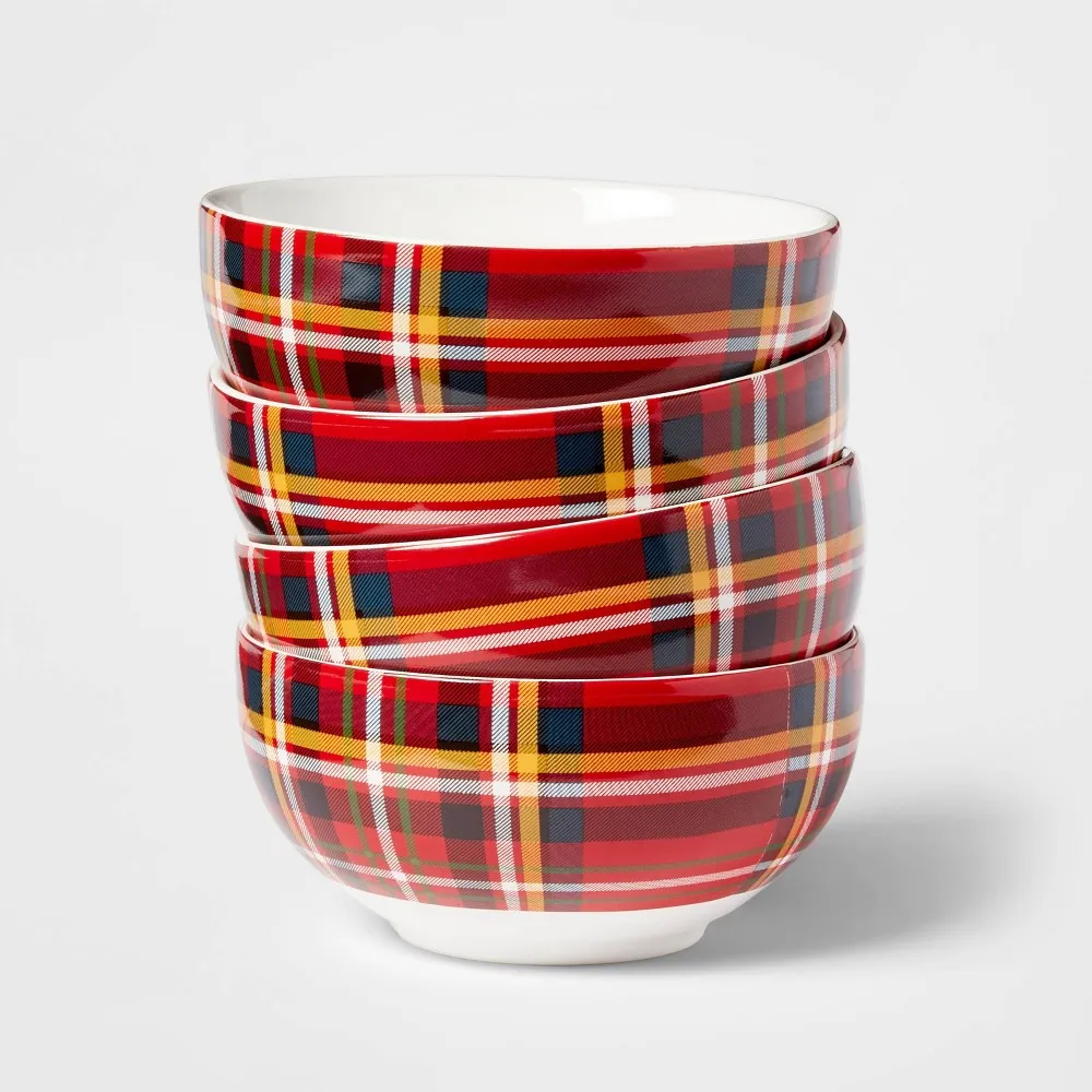 16oz 4pk Porcelain Plaid Bowls
