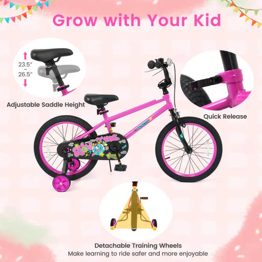 18 Inch Kids Bike With Training Wheels for Ages 4-8 Years Old Pink- Street Art Time - Image 6