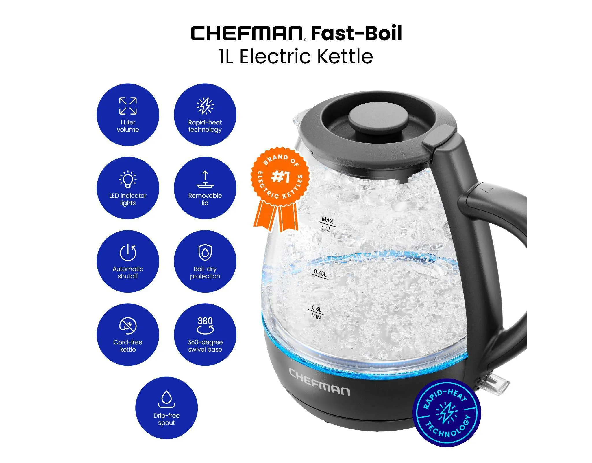 1L Rapid-Boil Kettle with Automatic Shutoff - Image 2