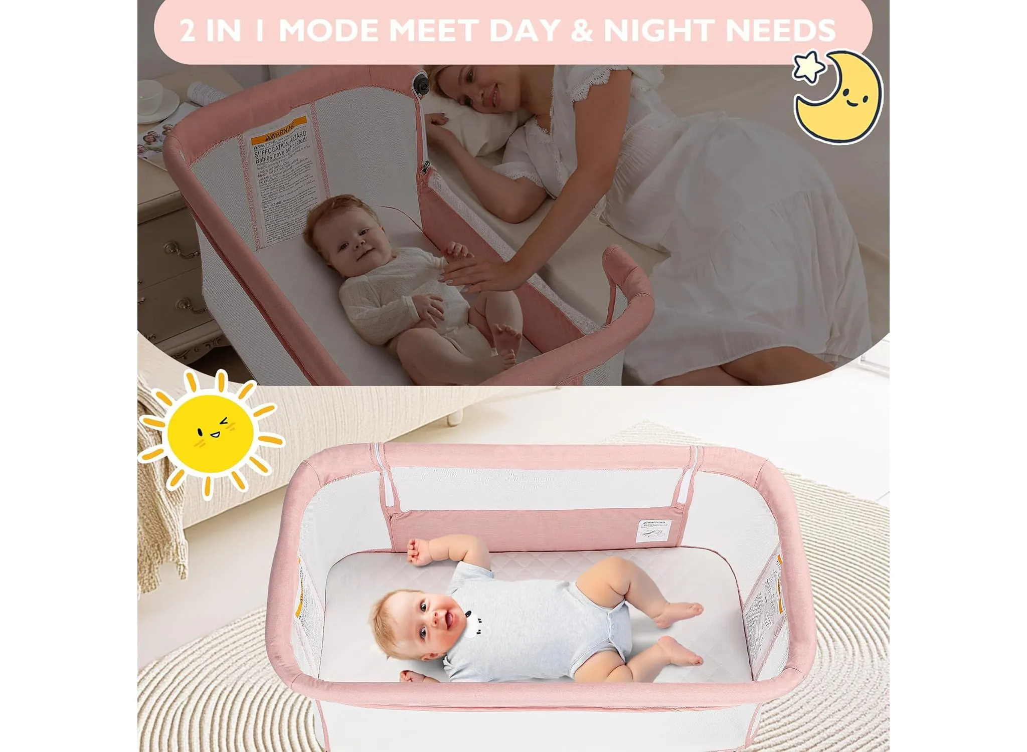 2 in 1 Baby Bassinet Bedside Sleeper - Pink - Image 3