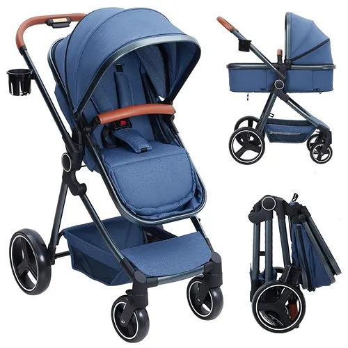 2-In-1 Convertible Baby Stroller with Bassinet Mode - Foldable Infant Pushchair, Toddler High Landscape, Reversible Stroller Seat, Aluminum Structure, 5-Point Harness, Blue