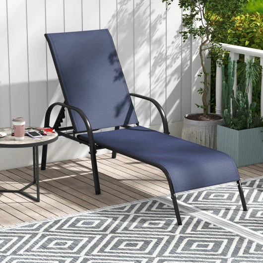 2 Pcs Outdoor Patio Lounge Chair Chaise Fabric With Adjustable Reclining Armrest-Navy - Image 6