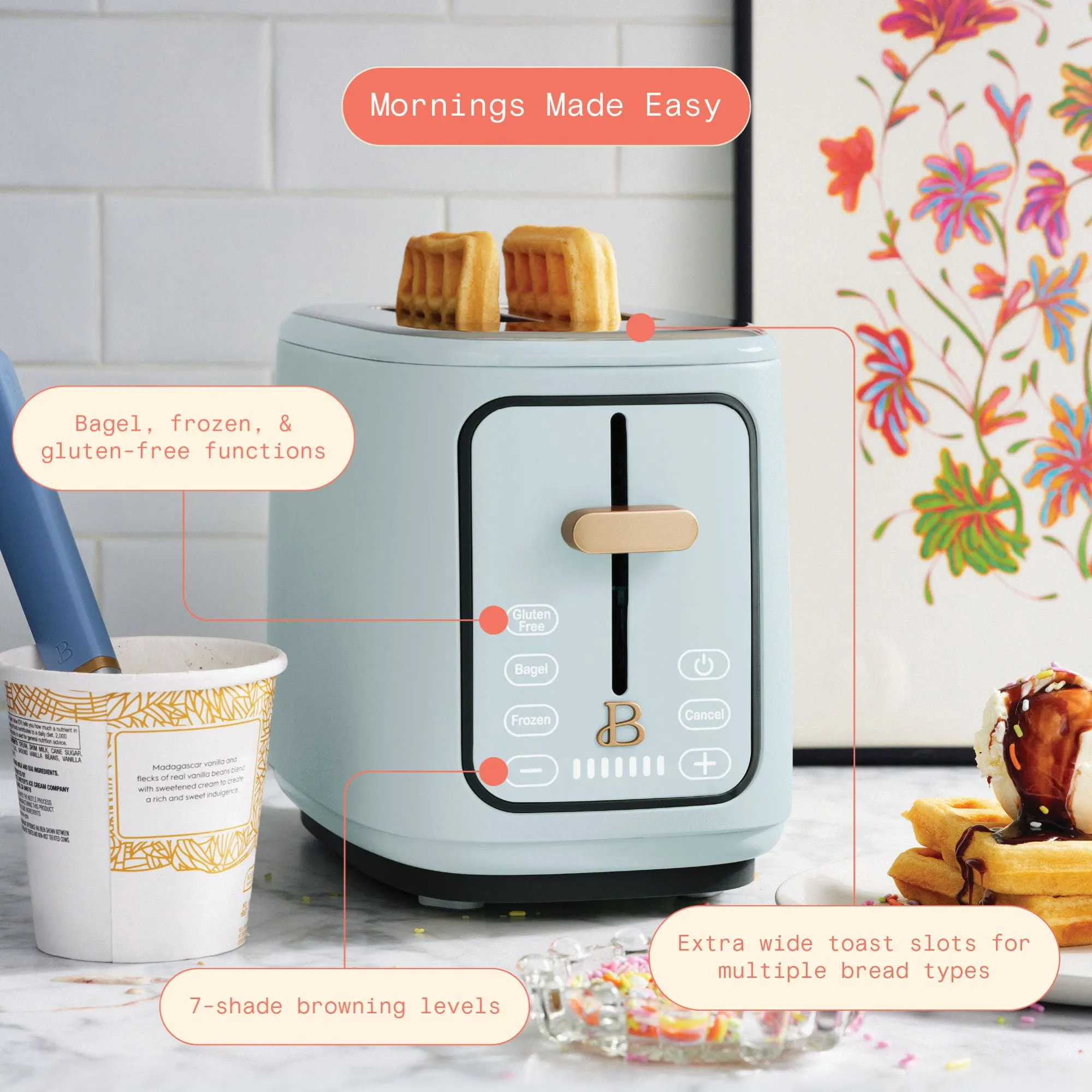 2 Slice Toaster with Touch-Activated Display - Hydrangea - Image 2
