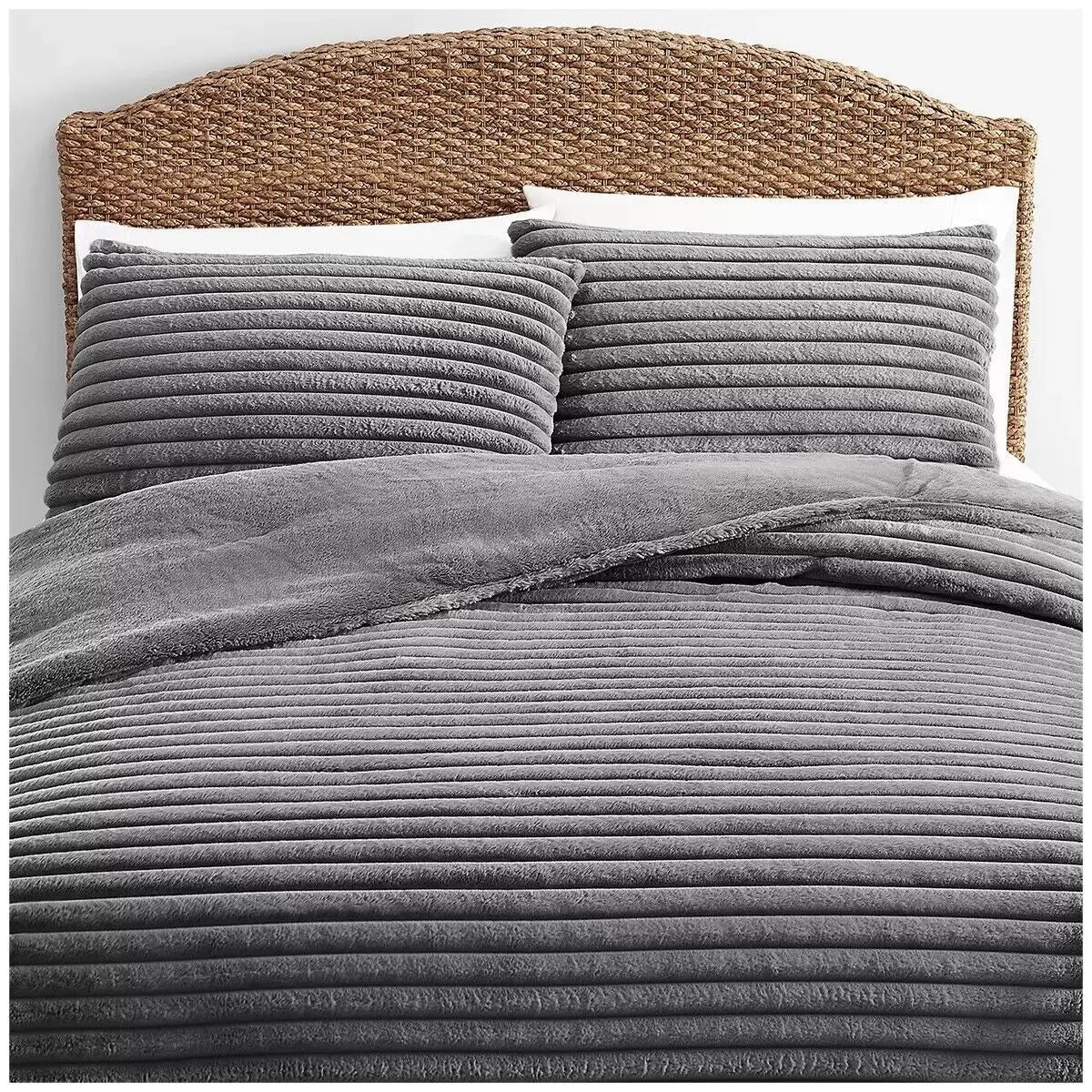 2" Solid Channel Luxury Faux Fur Comforter 3 Piece King Set, Reversible - King - Image 4