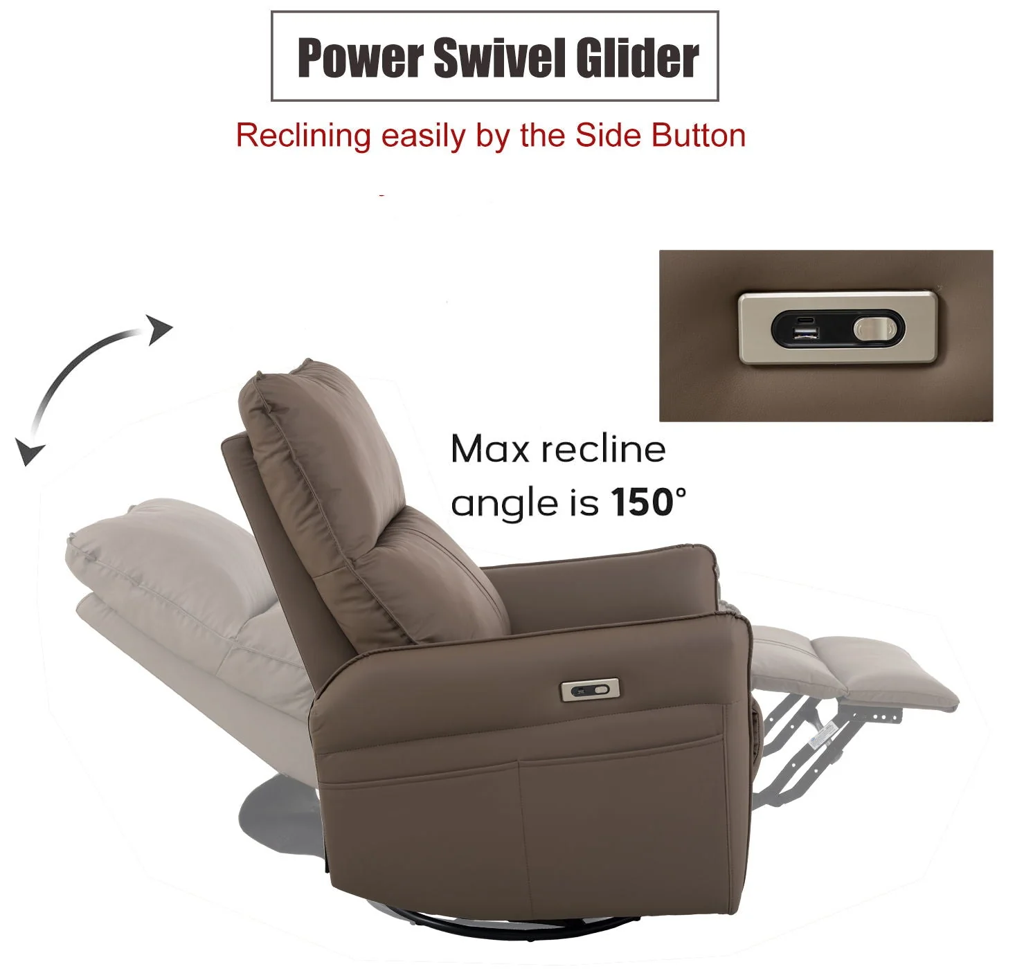29.92" 270 Power Swivel Rocker Recliner Chair, Electric Glider Reclining Sofa With USB Ports, Power Swivel Glider, Rocking Chair Nursery Recliners for Living Room Bedroom - Image 3