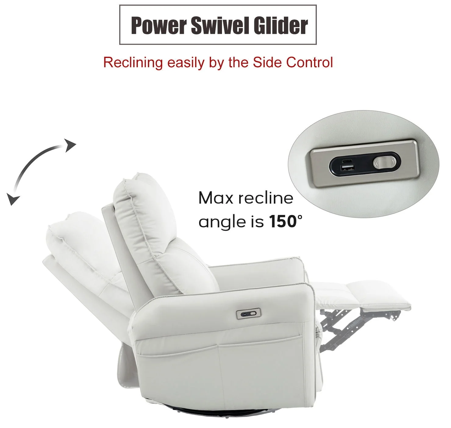 29.92" 270 Power Swivel Rocker Recliner Chair, Electric Glider Reclining Sofa With USB Ports, Power Swivel Glider, Rocking Chair Nursery Recliners for Living Room Bedroom - Image 6