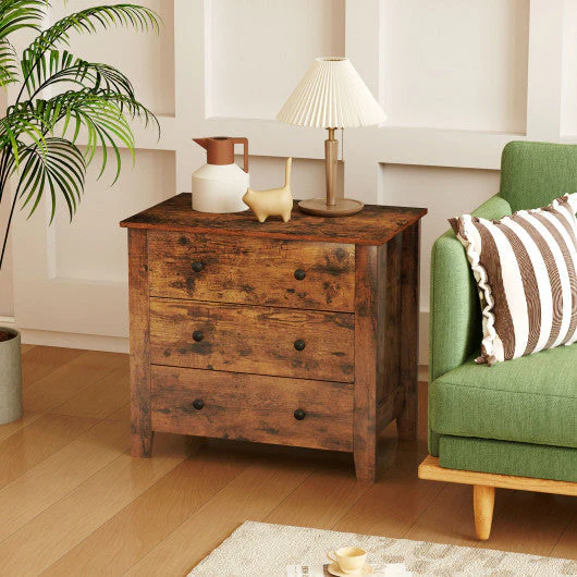 3 Drawer Dresser Chest of Drawers Bedside Table-Rustic Brown - Image 3