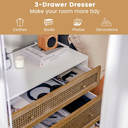 3-Drawer Rattan Dresser Chest With Anti-Toppling Device-Brown - Image 7