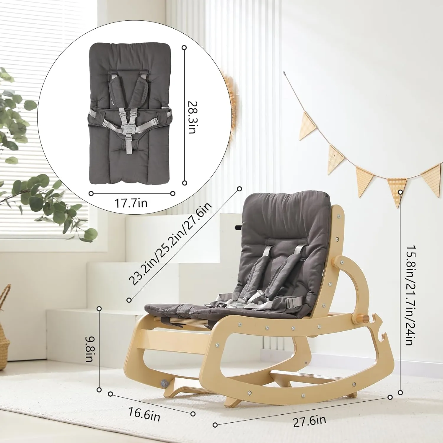 3-in-1 Baby Bouncer Adjustable Wooden Rocker Chair - Grey - Image 3