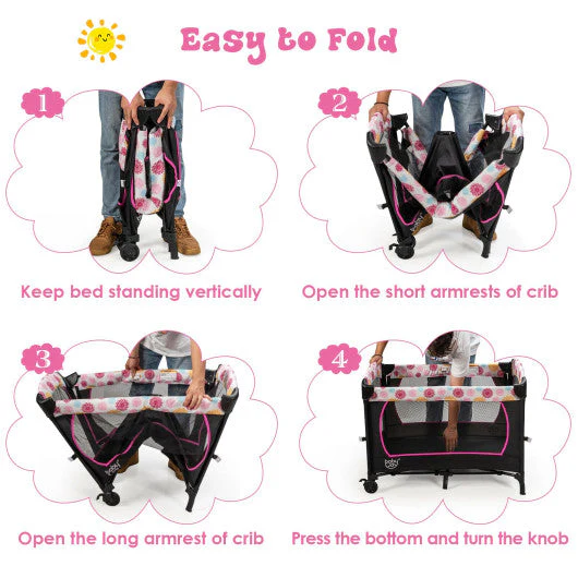 3-in-1 Convertible Portable Baby Playard With Music Box and Wheel and Brakes-Pink - Image 12