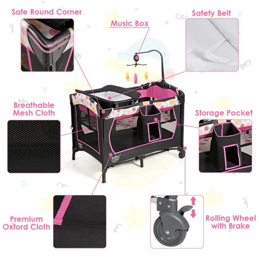 3-in-1 Convertible Portable Baby Playard With Music Box and Wheel and Brakes-Pink - Image 13