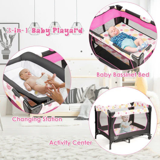 3-in-1 Convertible Portable Baby Playard With Music Box and Wheel and Brakes-Pink - Image 15