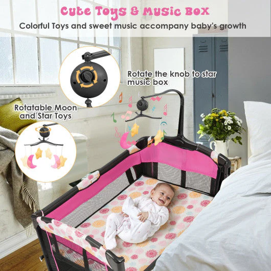 3-in-1 Convertible Portable Baby Playard With Music Box and Wheel and Brakes-Pink - Image 7