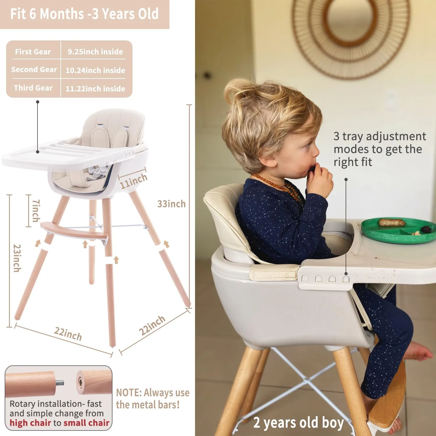 3-in-1 Convertible Wooden High Chair, Beige Color - Image 4