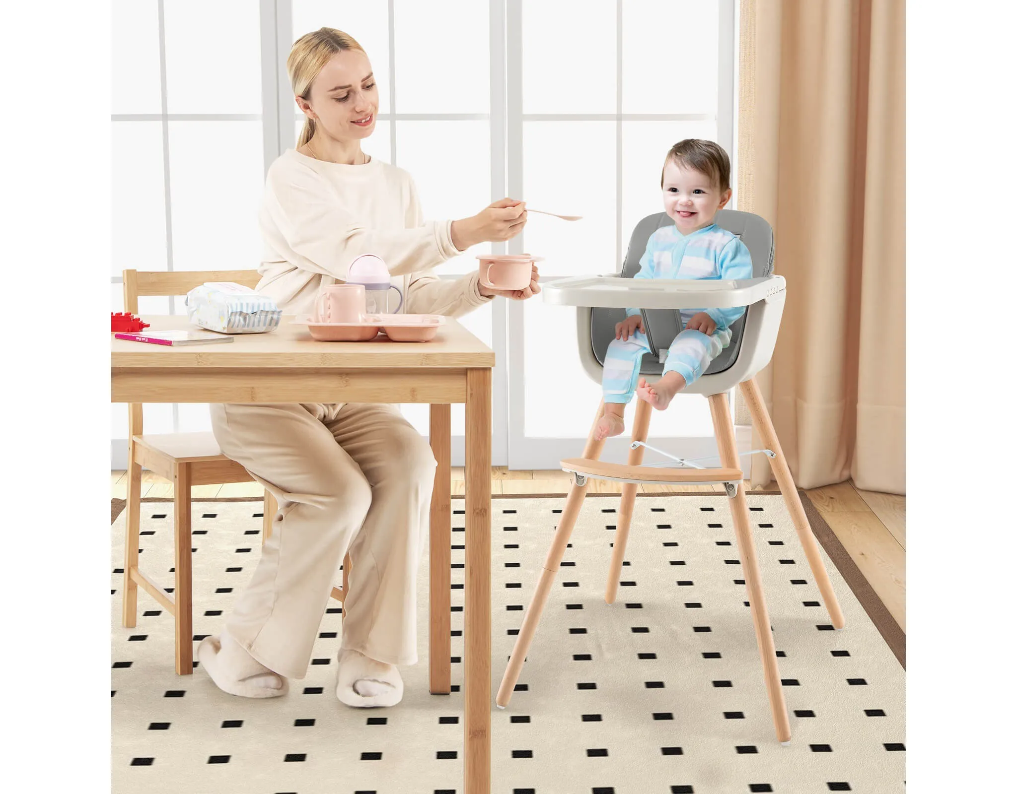3 in 1 Convertible Wooden High Chair - Gray - Image 5
