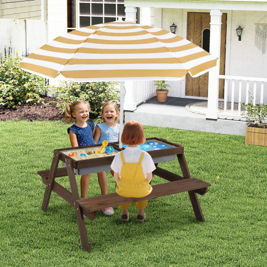 3-in-1 Kids Outdoor Picnic Water Sand Table With Removable Umbrella and Boxes-Coffee - Image 2