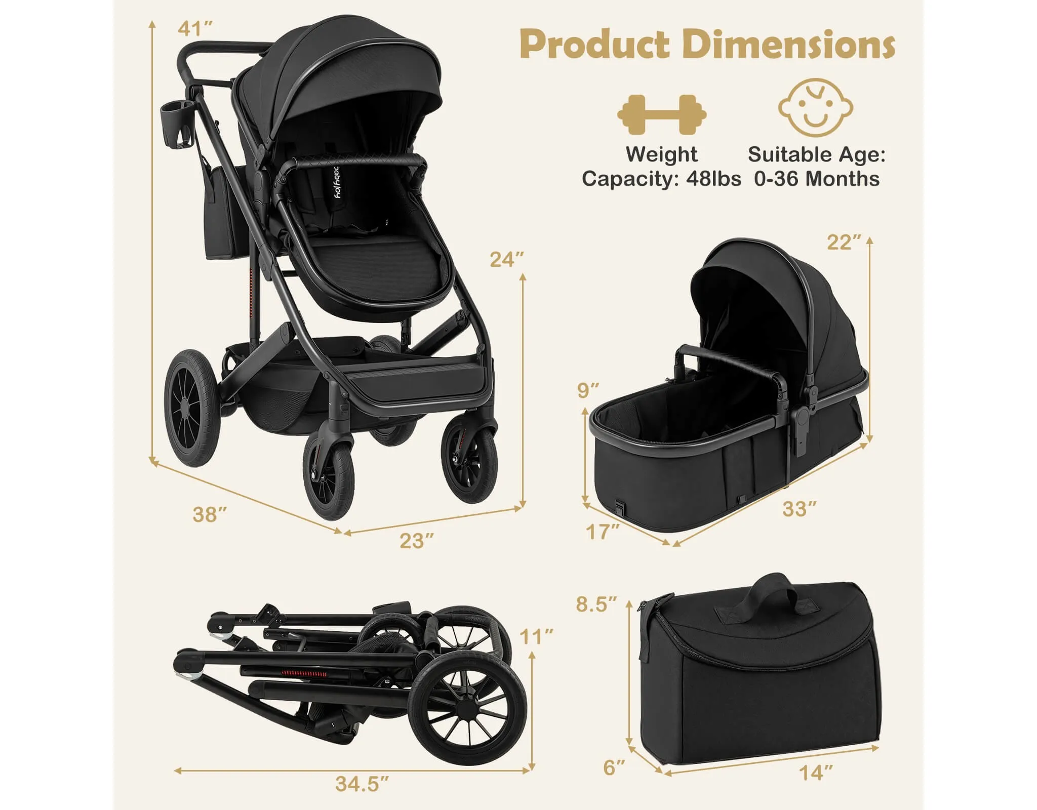 3-in-1 Newborn Stroller - Black - Image 4
