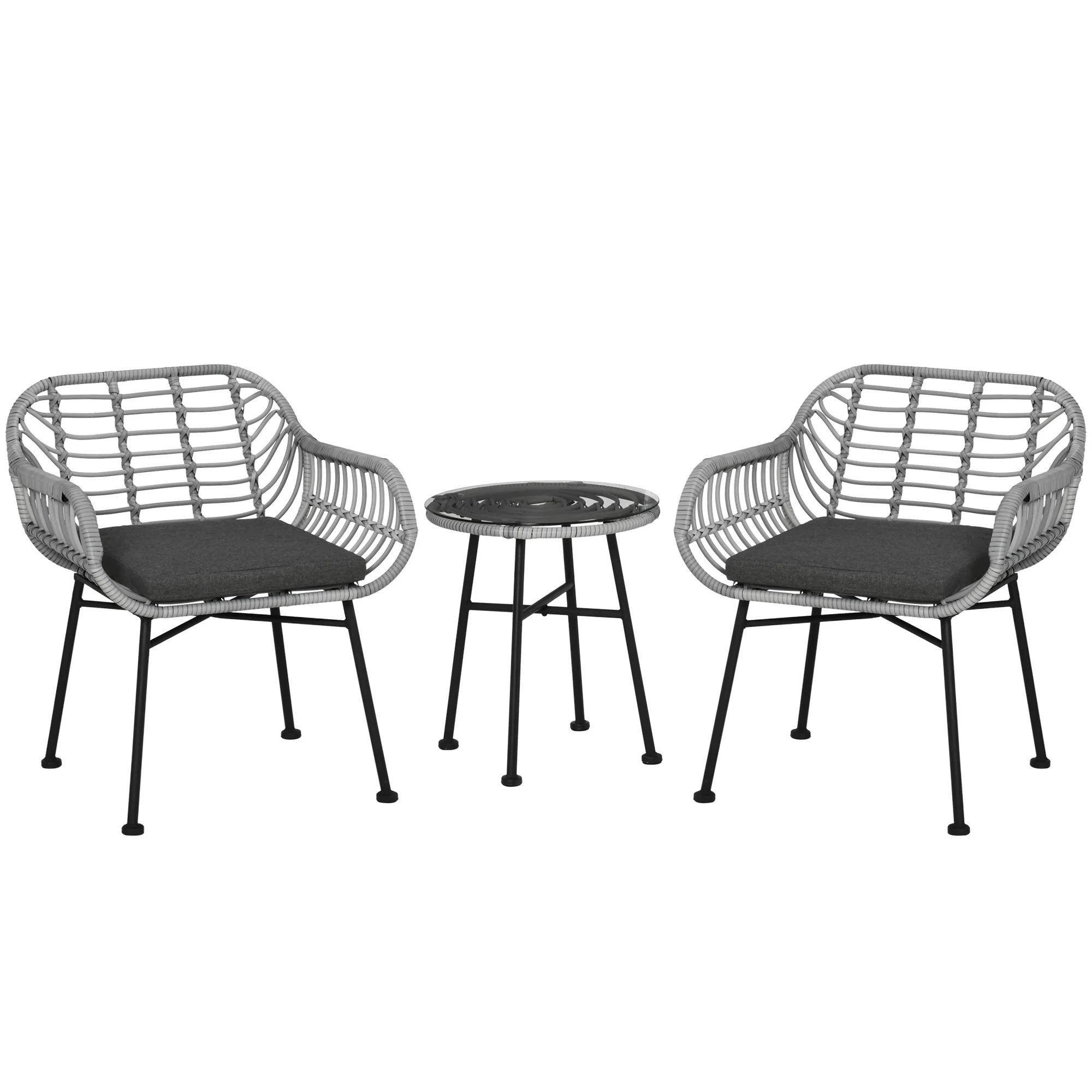 3 Piece Patio Set, Outdoor Bistro Furniture, PE Rattan Wicker Table and Chairs, Cushioned, Gray