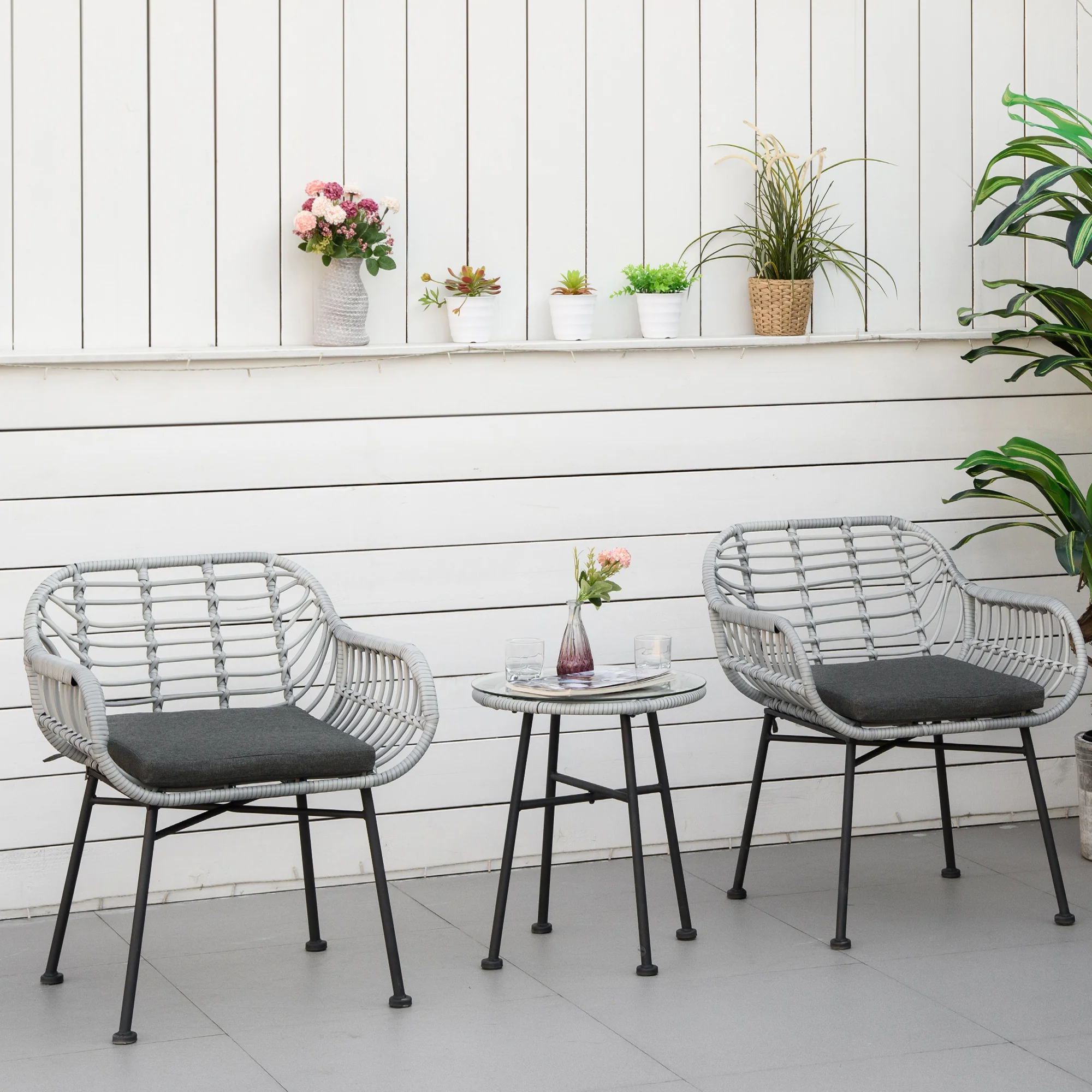 3 Piece Patio Set, Outdoor Bistro Furniture, PE Rattan Wicker Table and Chairs, Cushioned, Gray - Image 2