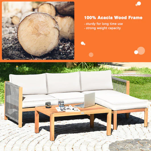 3 Pieces Patio Acacia Wood Sofa Furniture Set With Nylon Rope Armrest-White - Image 3
