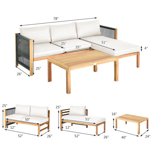 3 Pieces Patio Acacia Wood Sofa Furniture Set With Nylon Rope Armrest-White - Image 4