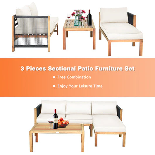 3 Pieces Patio Acacia Wood Sofa Furniture Set With Nylon Rope Armrest-White - Image 5