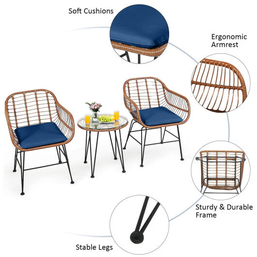 3 Pieces Patio Rattan Bistro Set With Cushion-Navy - Image 5