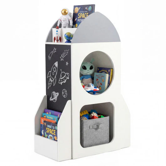 3-Tier Kids Bookshelf Rocket Space Theme Toddler Toy Storage Organizer-White - Image 4