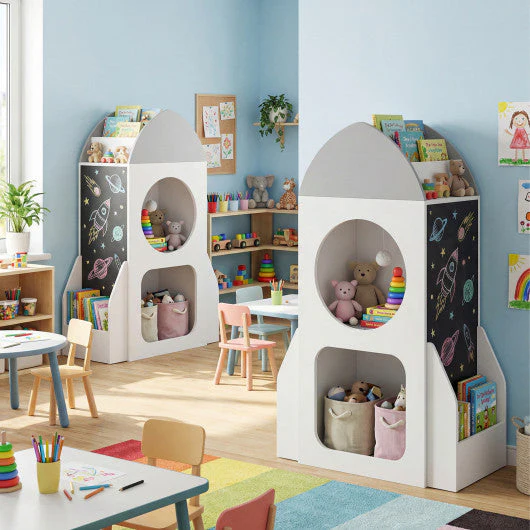 3-Tier Kids Bookshelf Rocket Space Theme Toddler Toy Storage Organizer-White - Image 6